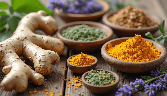 Close-up of herbs like echinacea, ginger, and turmeric.