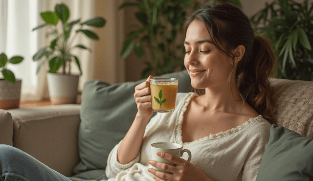 Person drinking herbal tea in a calming environment.