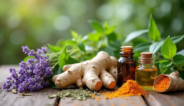 Fresh herbs like lavender, ginger, and turmeric on a wooden table.